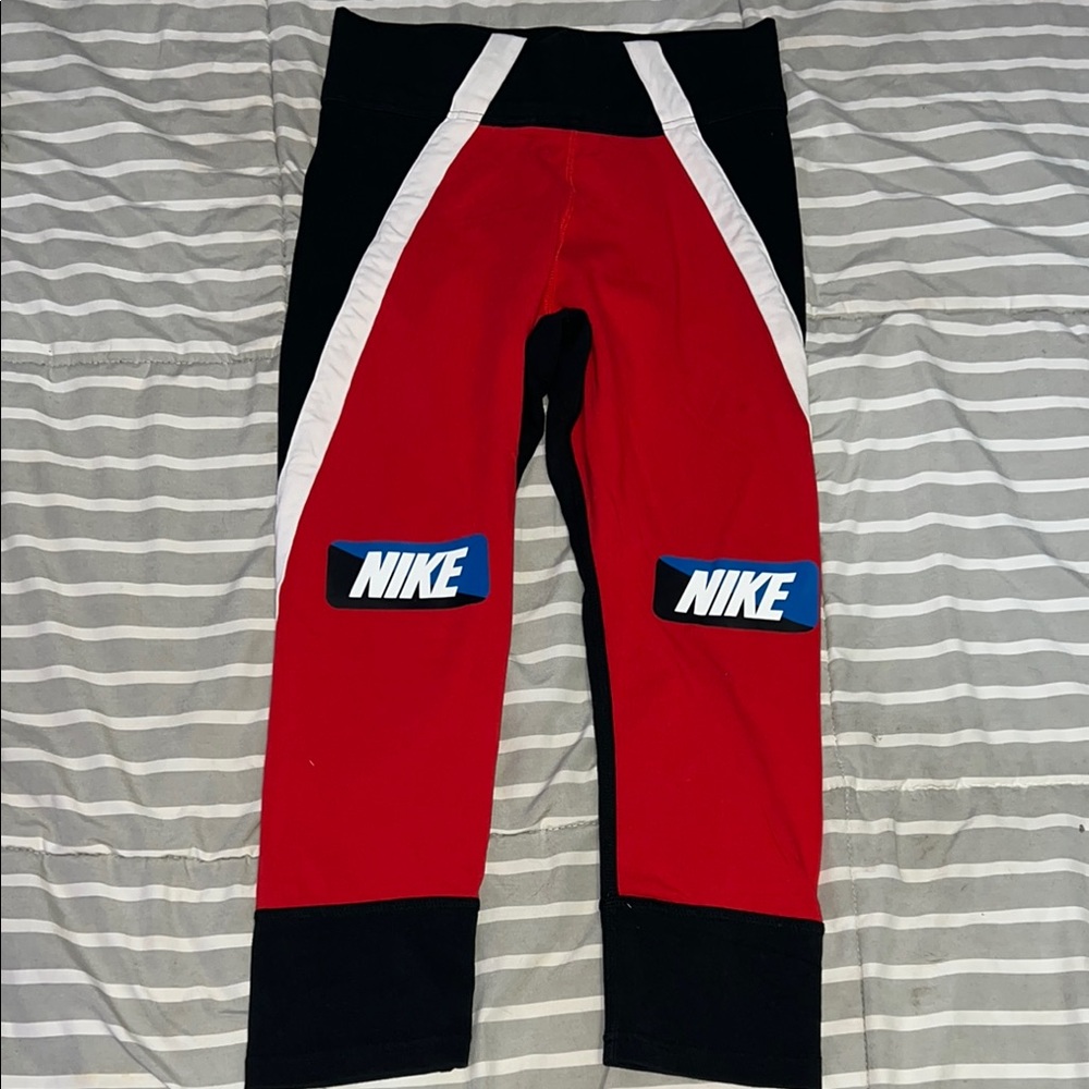 Nike Red and Black Leggings with White and Blue Accents